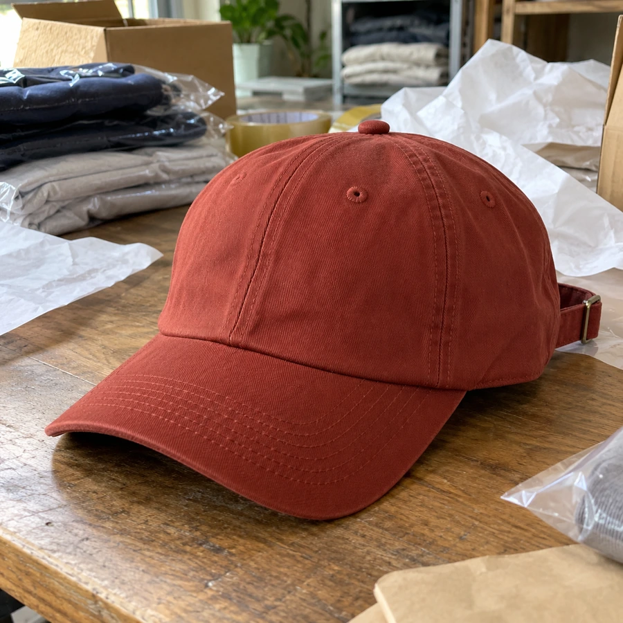 Brick-red baseball cap on a seller's packing table before background removal