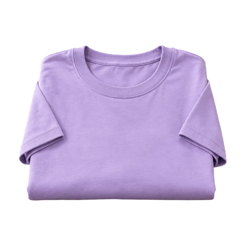 The same purple t-shirt on a packing table isolated on white by the browser model