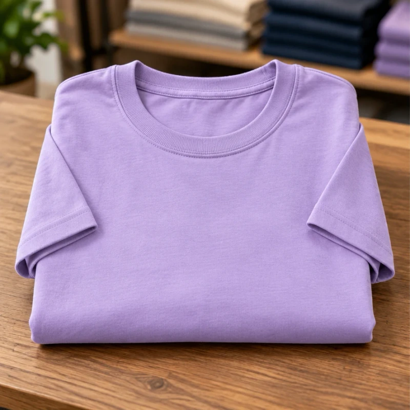 Purple T-shirt on a packing table
