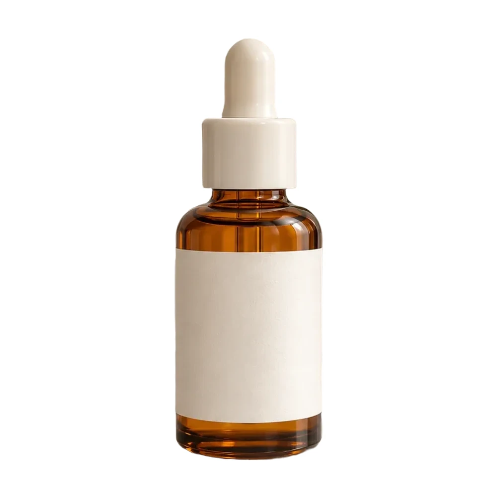 The same amber dropper bottle beside bathroom products isolated on white by the browser model