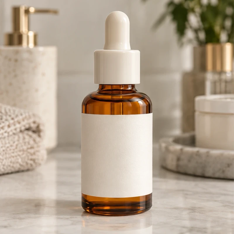 Amber dropper bottle beside bathroom products