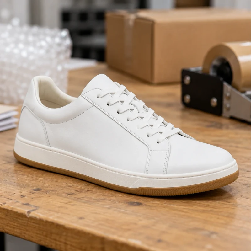 White sneaker on a shipping desk