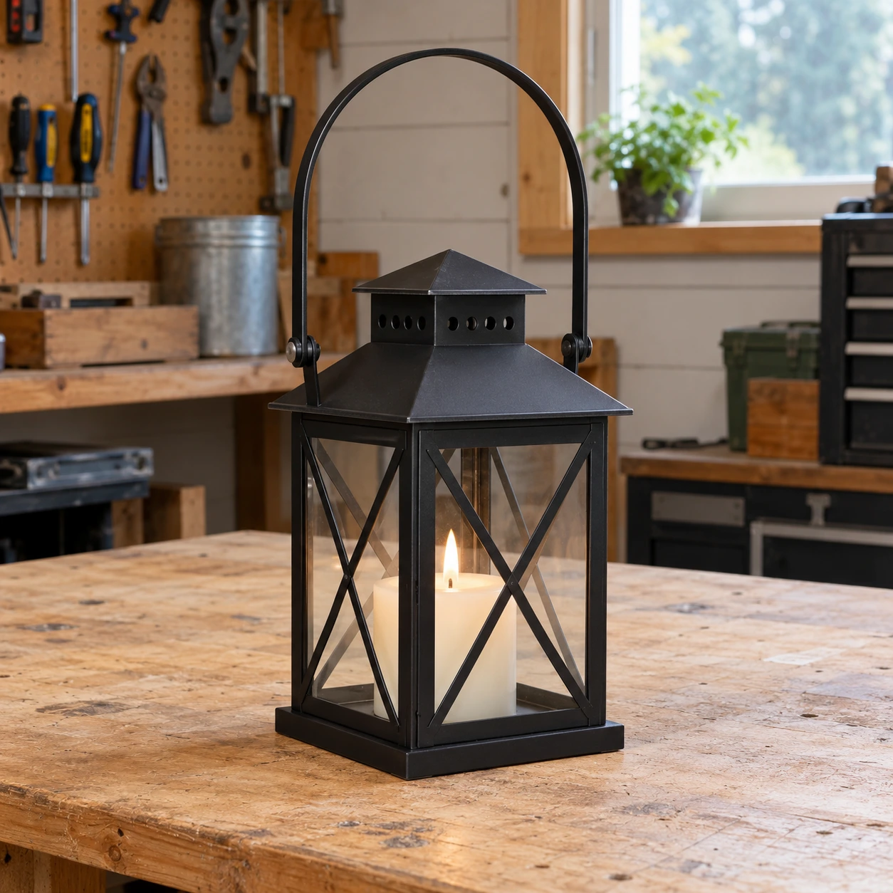 Complete lantern photographed on a workshop bench