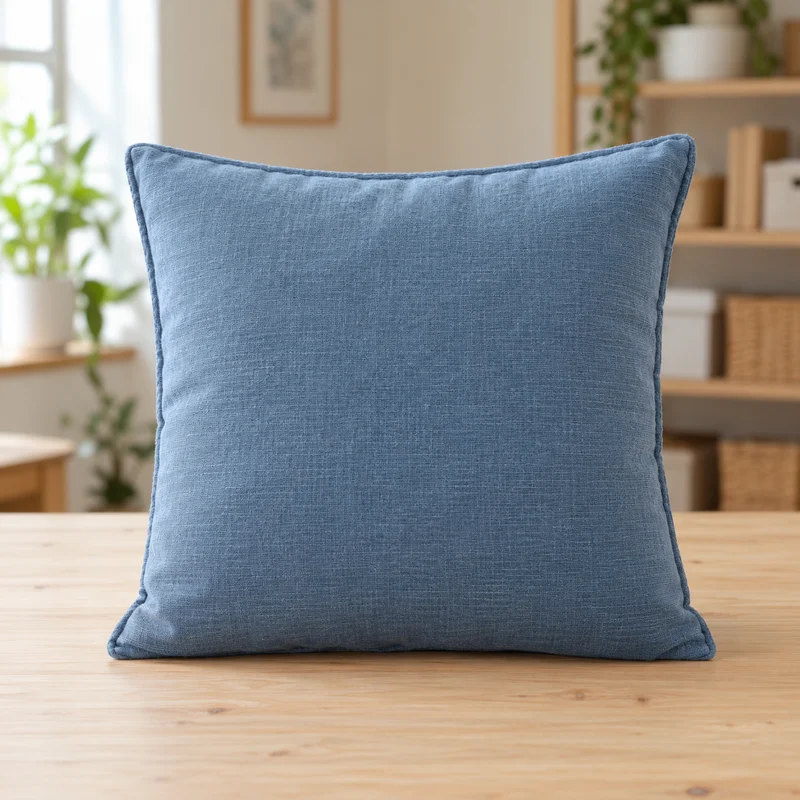 Blue cotton cushion photographed on a wooden packing desk