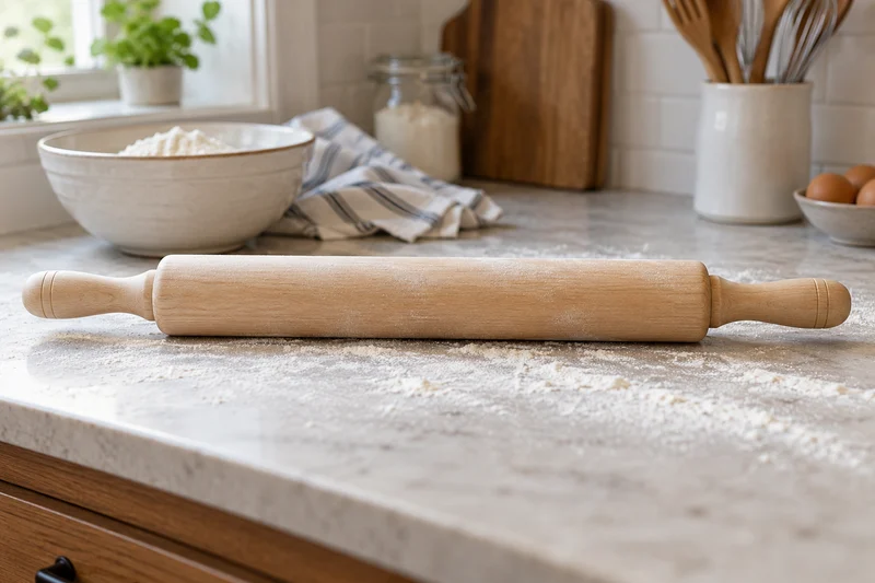 Wide kitchen photograph showing the full wooden rolling pin